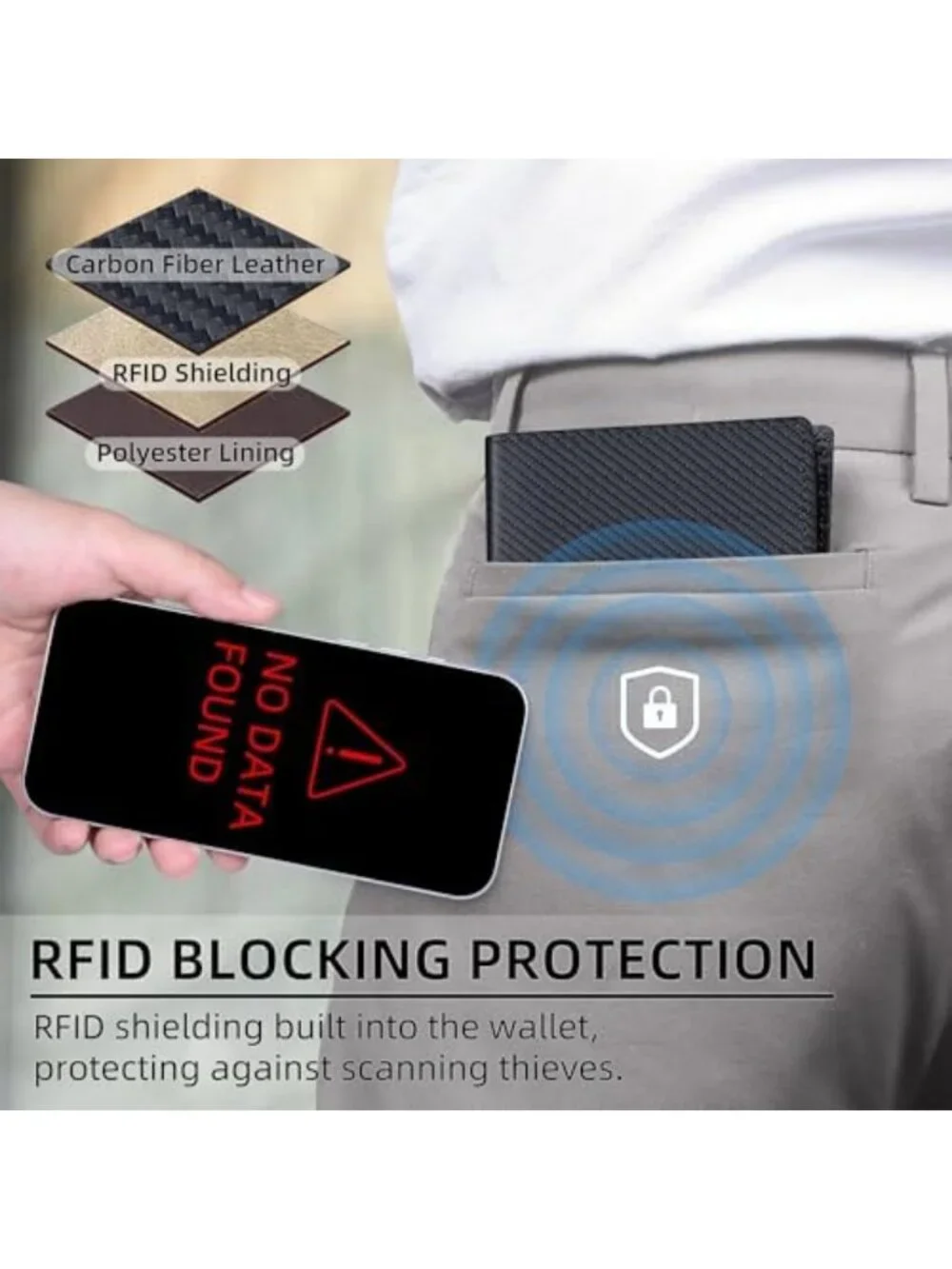 Men's RFID Blocking Carbon Fiber Leather Bifold Wallet, 2 ID Windows, 2 Cash